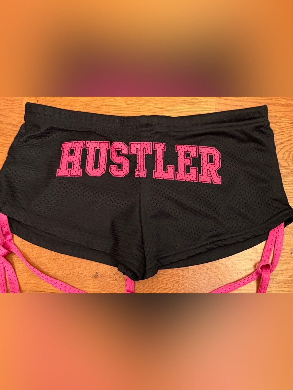 Hustler Honey Black Athletic Shorts with Pink Logo and Ties
